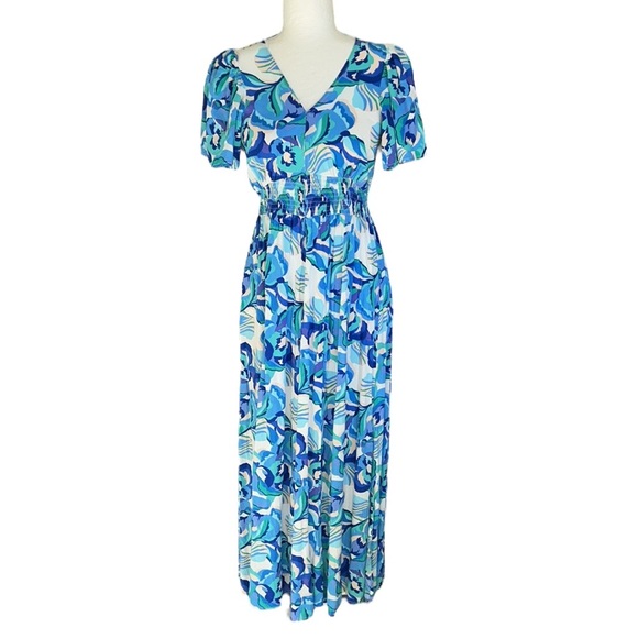 Anthropologie Abel the Label Blue Green Floral Print Tie Back Midi Dress - XS - Picture 2 of 13